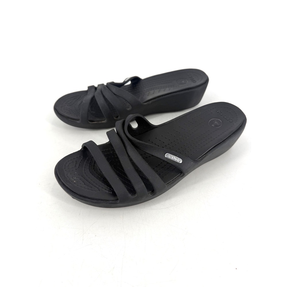 Crocs Rhonda Wedge Sandals Womens 9 Black Strappy Comfort Slide Summer